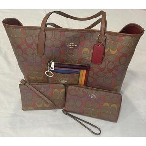 Coach City Tote In Rainbow Signature Canvas C1316 With Accessories Multi Color